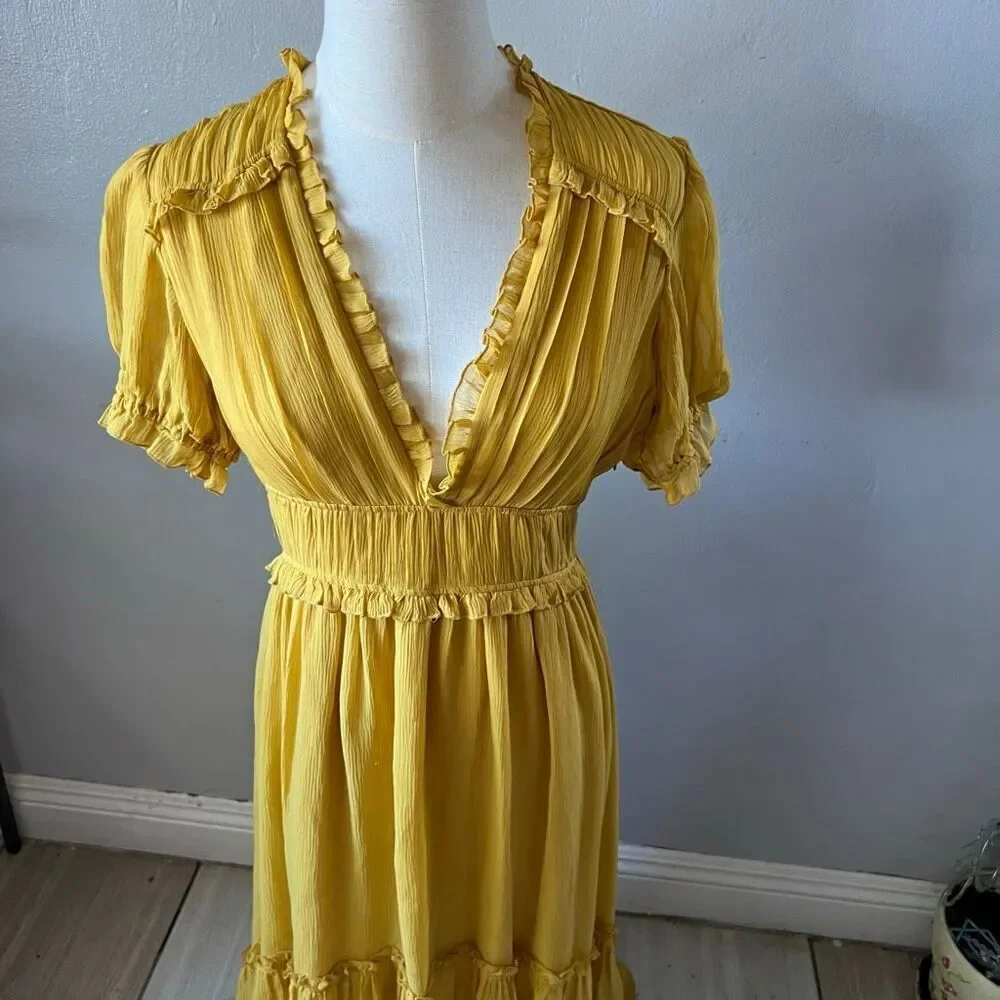 Ulla Johnson Midi Dress Sonja Honey Ruffled Chiffon 2 Silk Chiffon